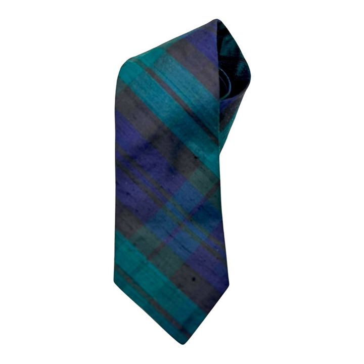 Vintage Ronnie Hek Navy Blue and Green Scottish Tartan Plaid Raw Silk Necktie