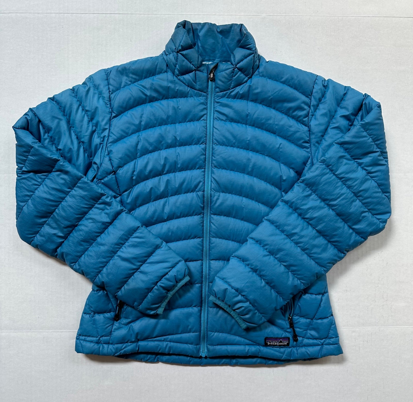 Patagonia Goose Down Puffer Ribbed Jacket Women's Small Full Zip Light Blue