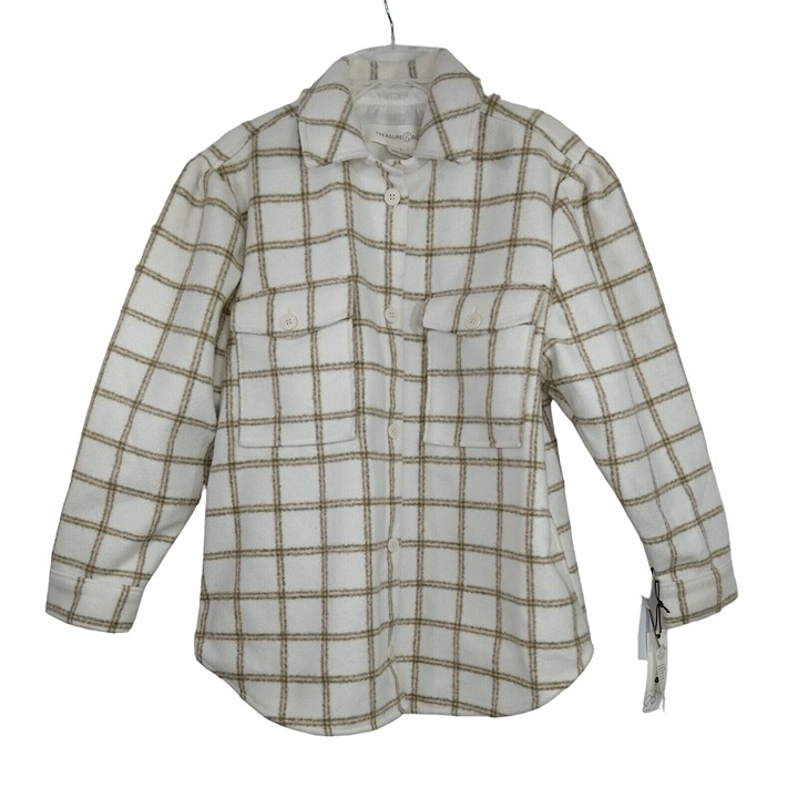 Treasure and Bond Button Up Shacket Jacket Women Size L Cream Tan Plaid Long Slv