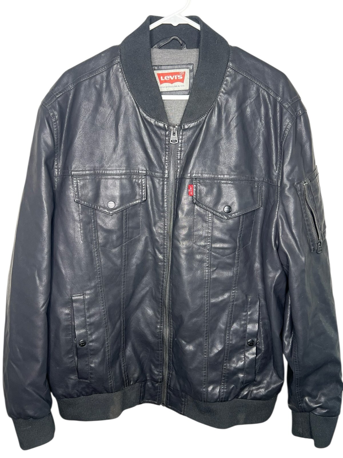 Levi’s Black Faux Leather Line Bomber Jacket With Zip Up Pockets, Men's XXL