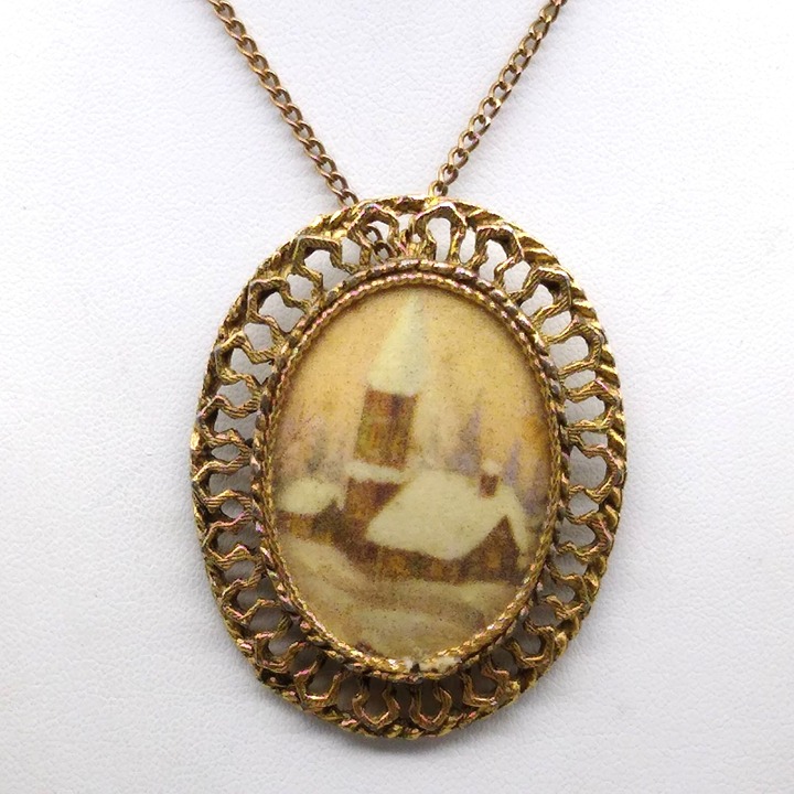 Western Germany Winter Sugar Pin Pendant, Vintage Brass and Porcelain Snowy Scen