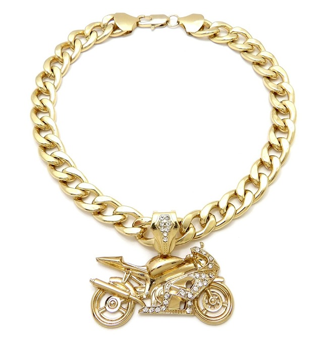 Iced Hip Hop Motorcycle Bike Cubic Zirconia Pendant & 10mm Cuban Chain Necklace