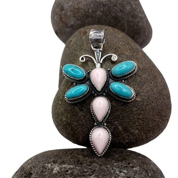 Sterling Silver Pink Conch Shell Turquoise Dragonfly Pendant Southwest Style