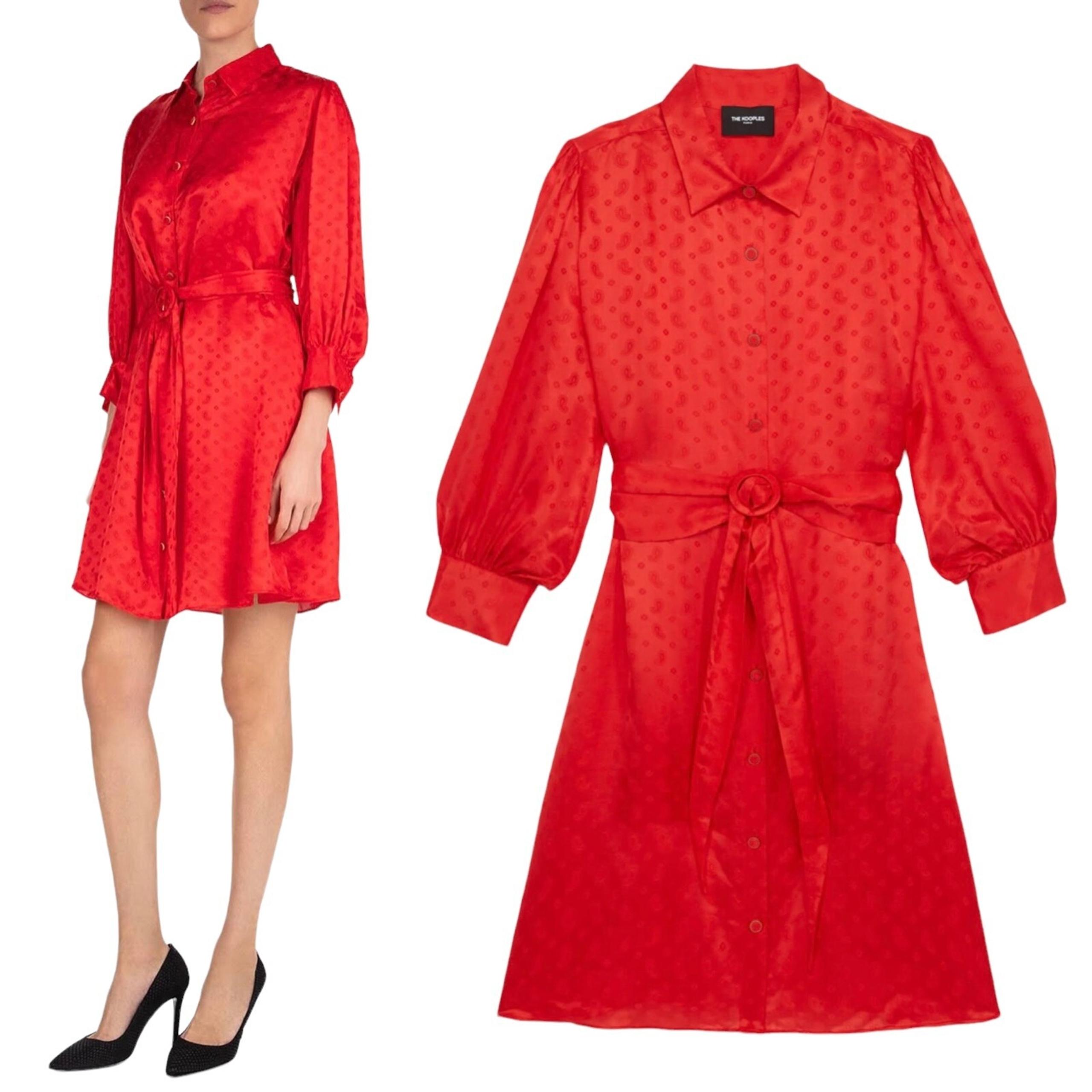 The Kooples Women's Size 1 Jacquard Red Paisley Button Belted Silk Dress $388