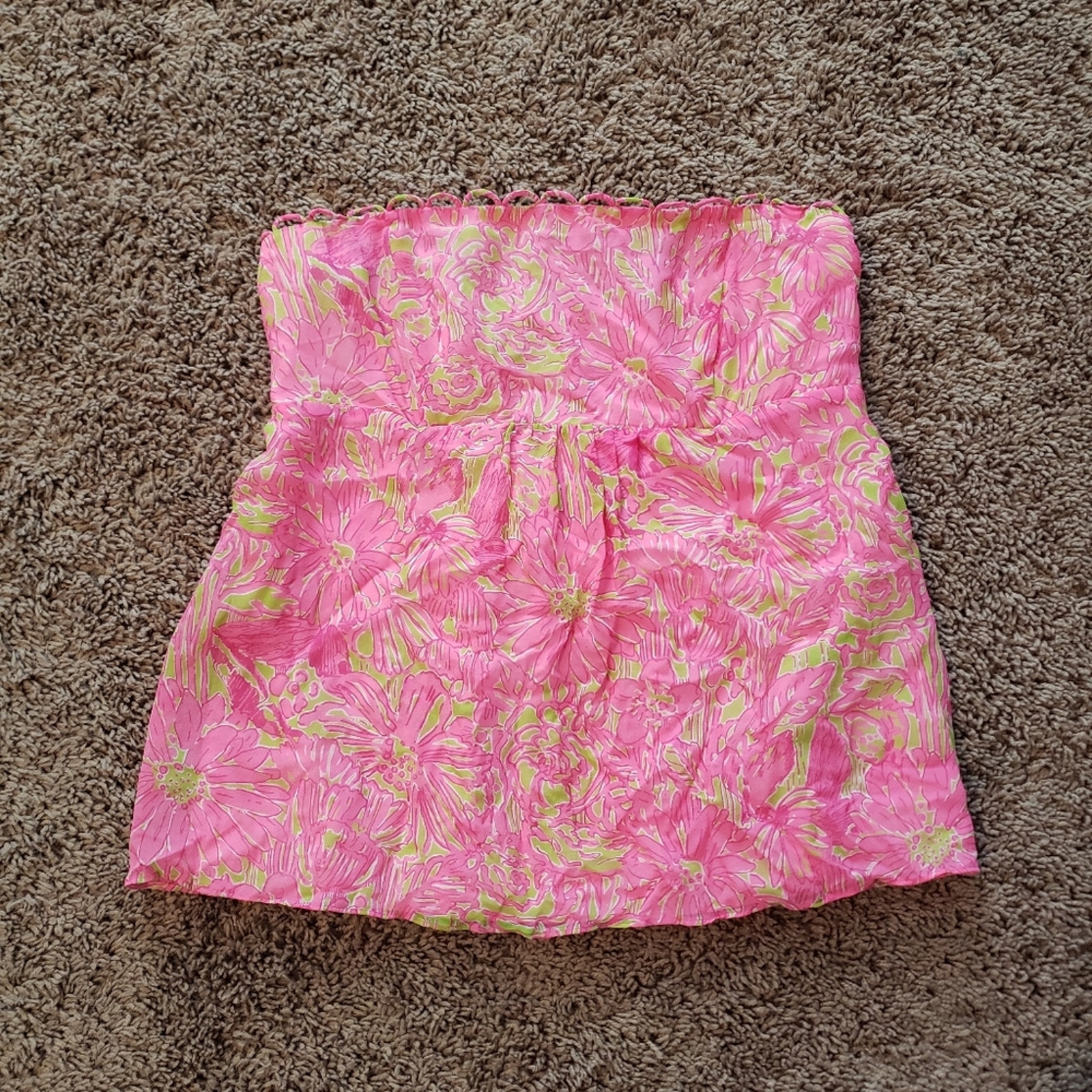 Lily Pulitzer 100% Silk Strapless Tube Top Pink Green Floral 0