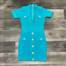 KNIT BANDAGE BODYCON Teal Dress with Gold Accents Womens Sz Small Stretch