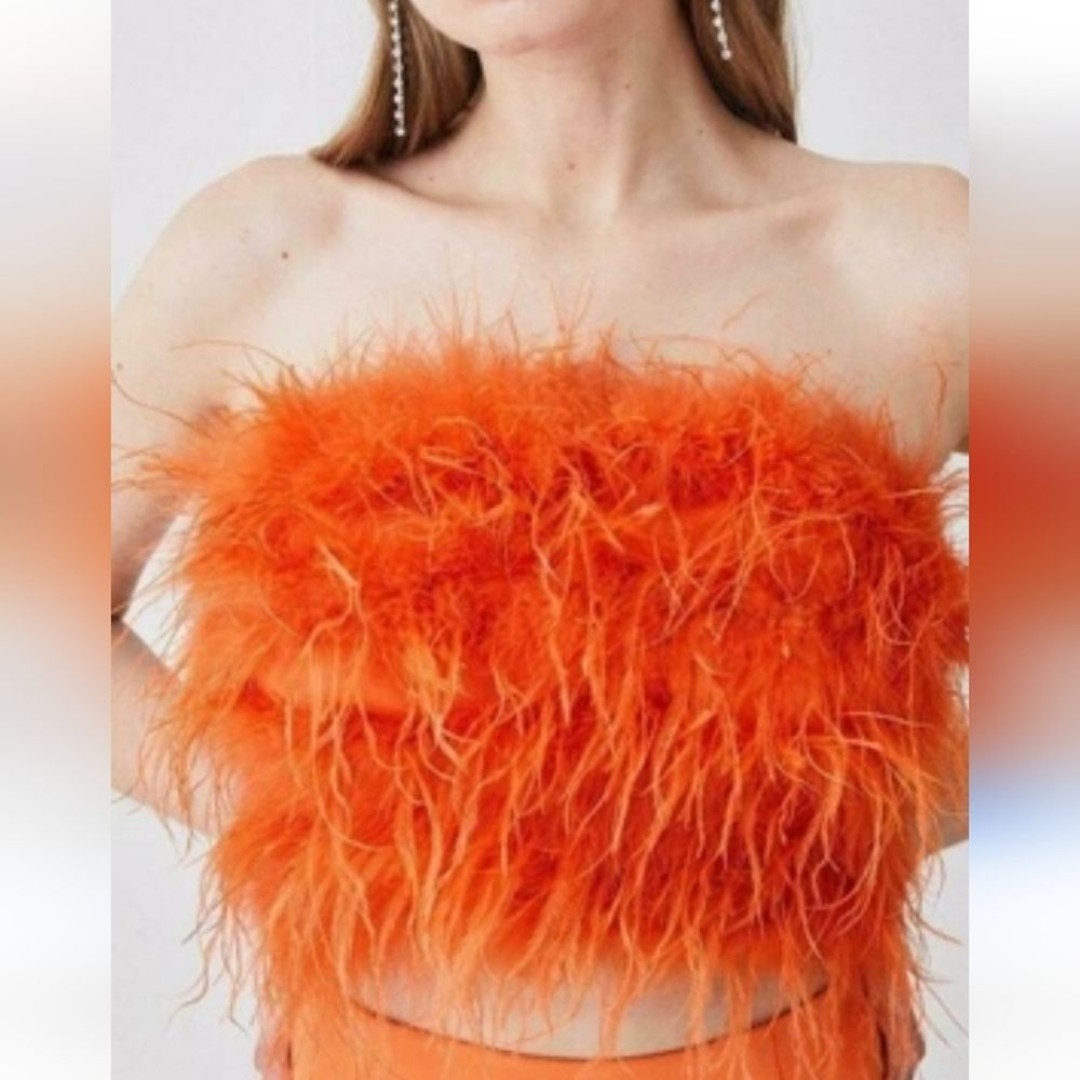 Karen Millen Orange Feather Bandeau Strapless Sleeveless Tube Top Size 8