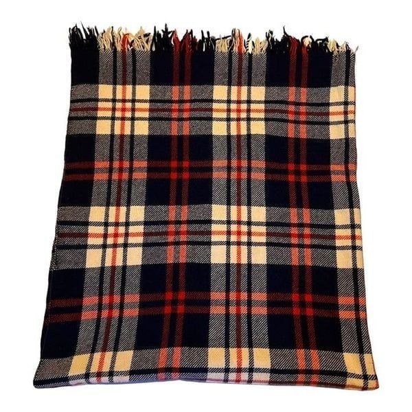 Vintage 100% Wool Stadium Blanket Red, White & Blue Tartan Plaid Throw 54x67 SEE