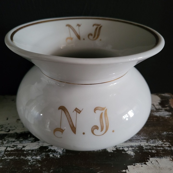 Antique White and Gold Porcelain Spittoon Monogrammed N.J.\ 