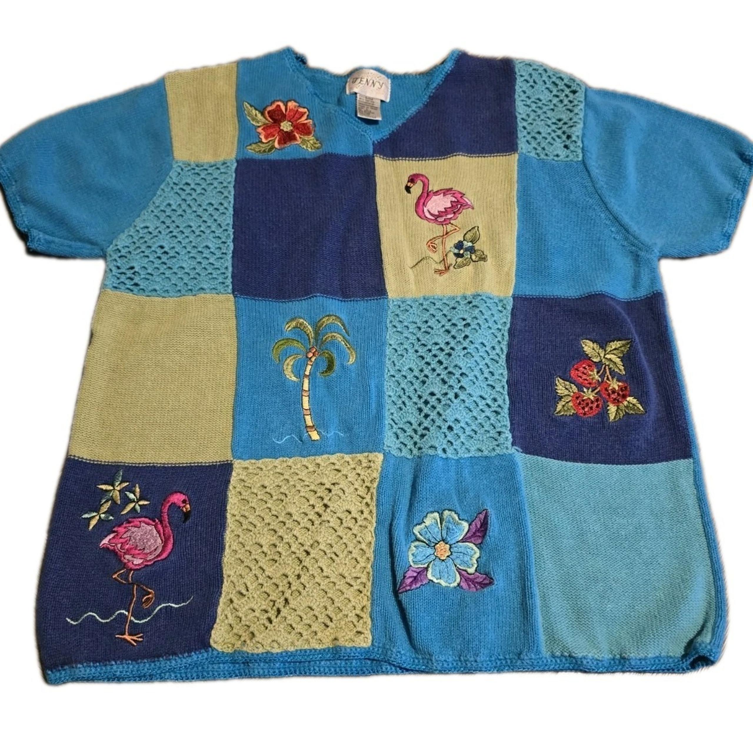 VTG Jenny Short Sleeve Sweater Crochet Embroidered Flamingo Blue Yellow 90s 80s
