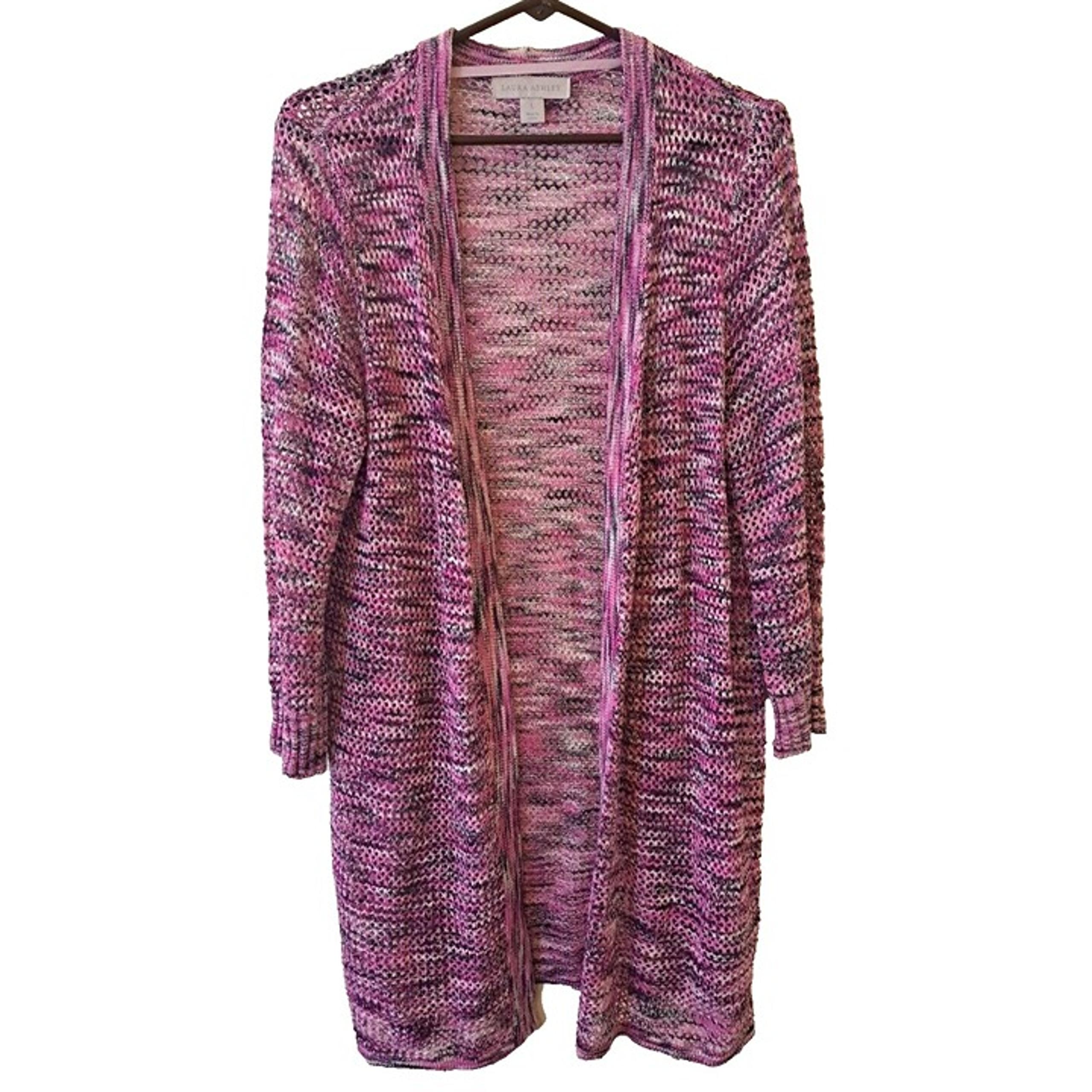 Laura Ashley Open Front Cardigan Womens Loose Knit Pink Black Office Career L