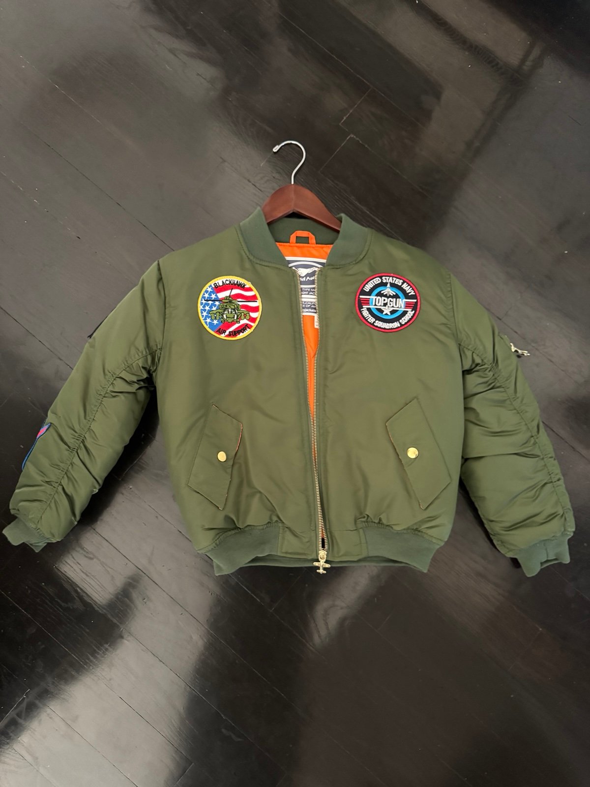 Boys Top Gun Green Bomber Jacket w/patches