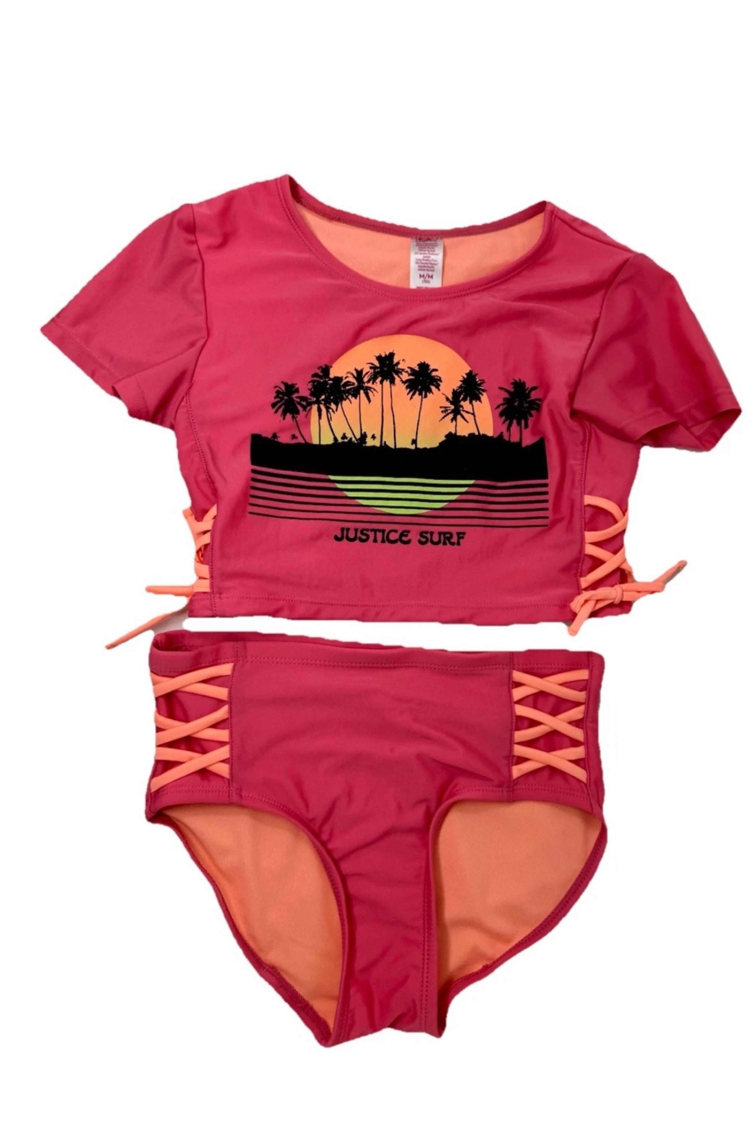Justice Girl Rash Guard SET 2 pc Pink Palm Surf  Swimsuit Size M (10) Pre-Owed