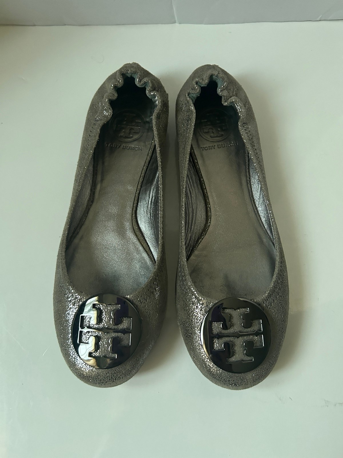 Tory Burch REVA Leather Ballerina Ballet Flat Shoes Metallic Silver Women's 8M