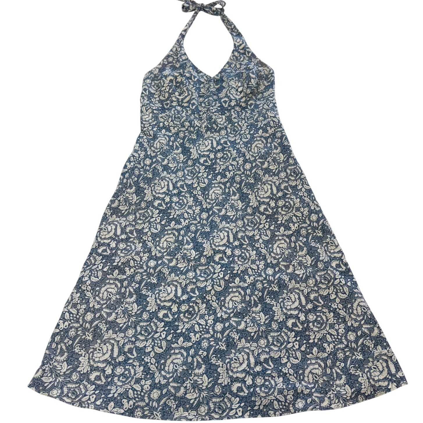 J.Crew Dress Womens 6 Blue White Floral Halter Open Back Midi Cotton Vintage