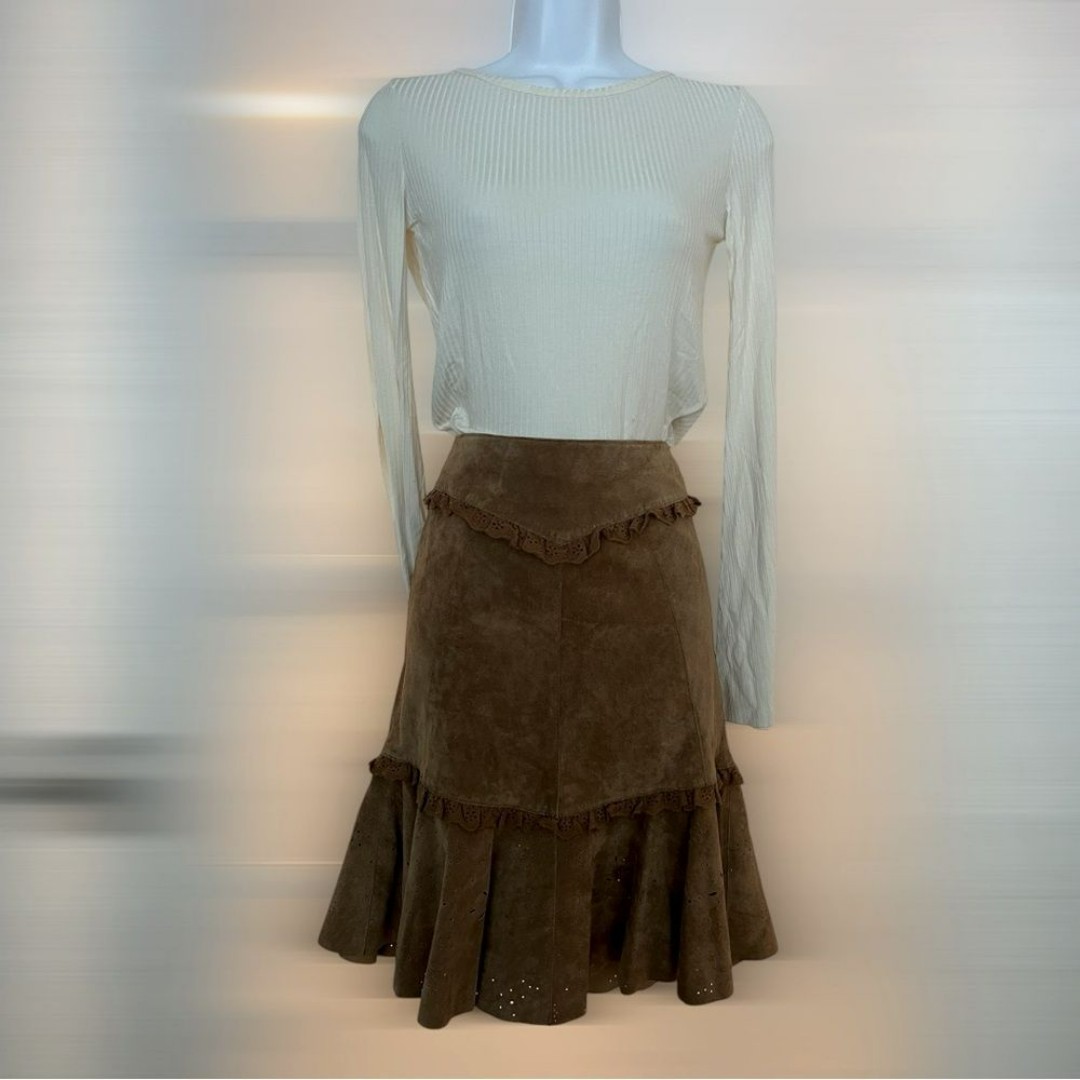 Anthropologie June Dark Tan Suede Ruffled Skirt. Size 2
