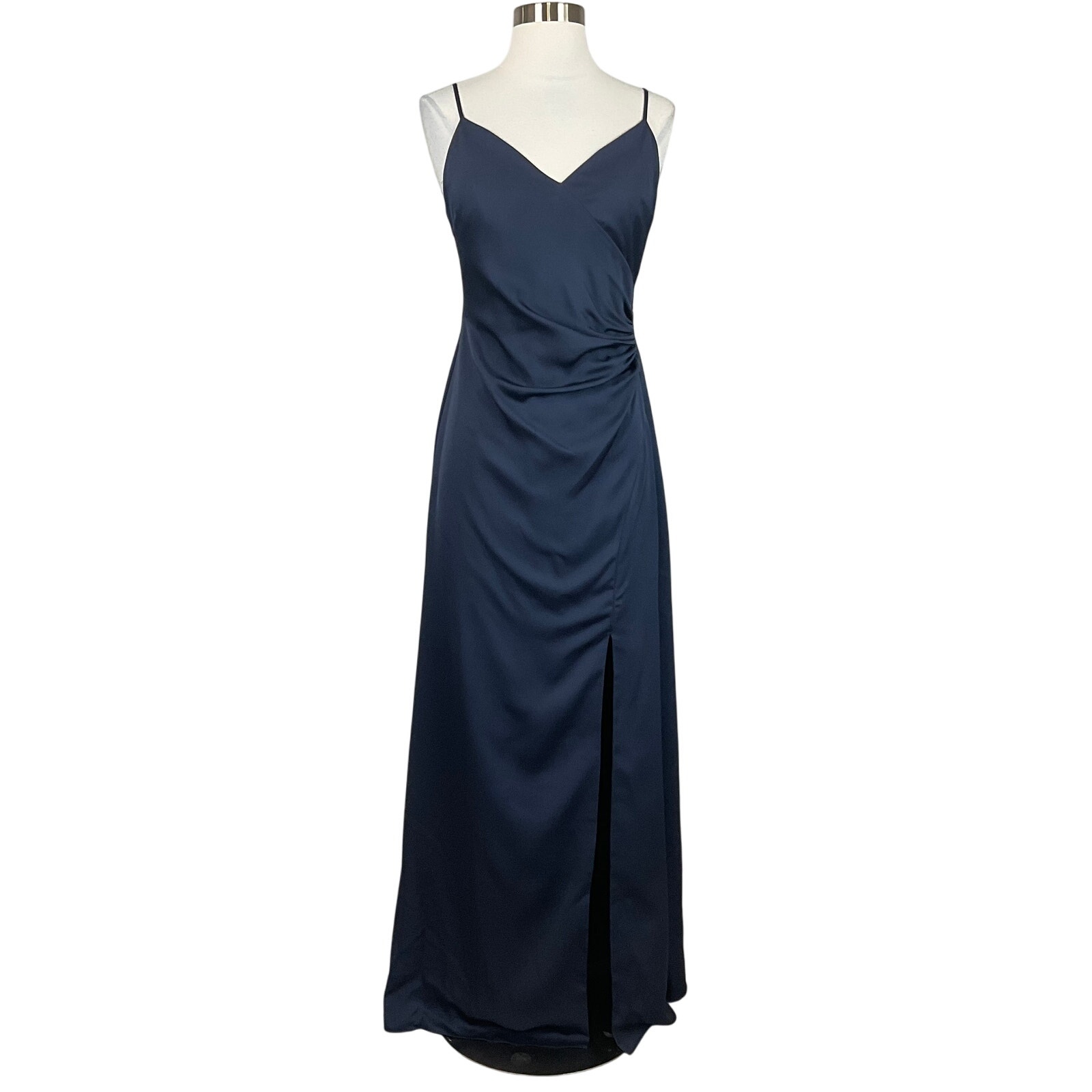 AQUA Women's Formal Dress Size 10 Blue Satin Cut Out Back Thigh Slit Long Gown