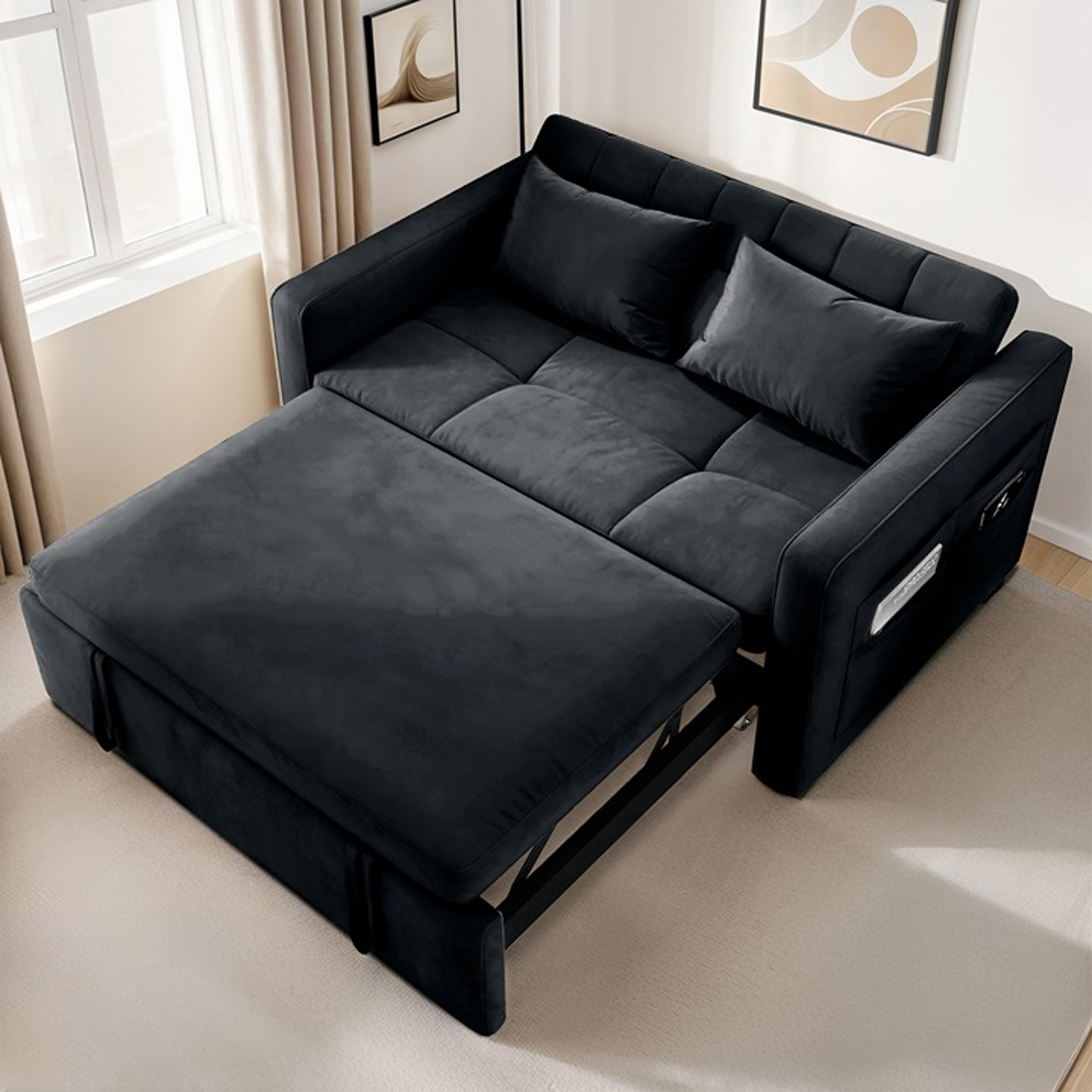 55" 3 in 1 Convertible Sleeper Sofa Bed Velvet Loveseat Pull Out Sofa Bed Couch