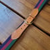 Vintage 80's Lands' End men's 34/85 brown leather and colorful stripe wool belt