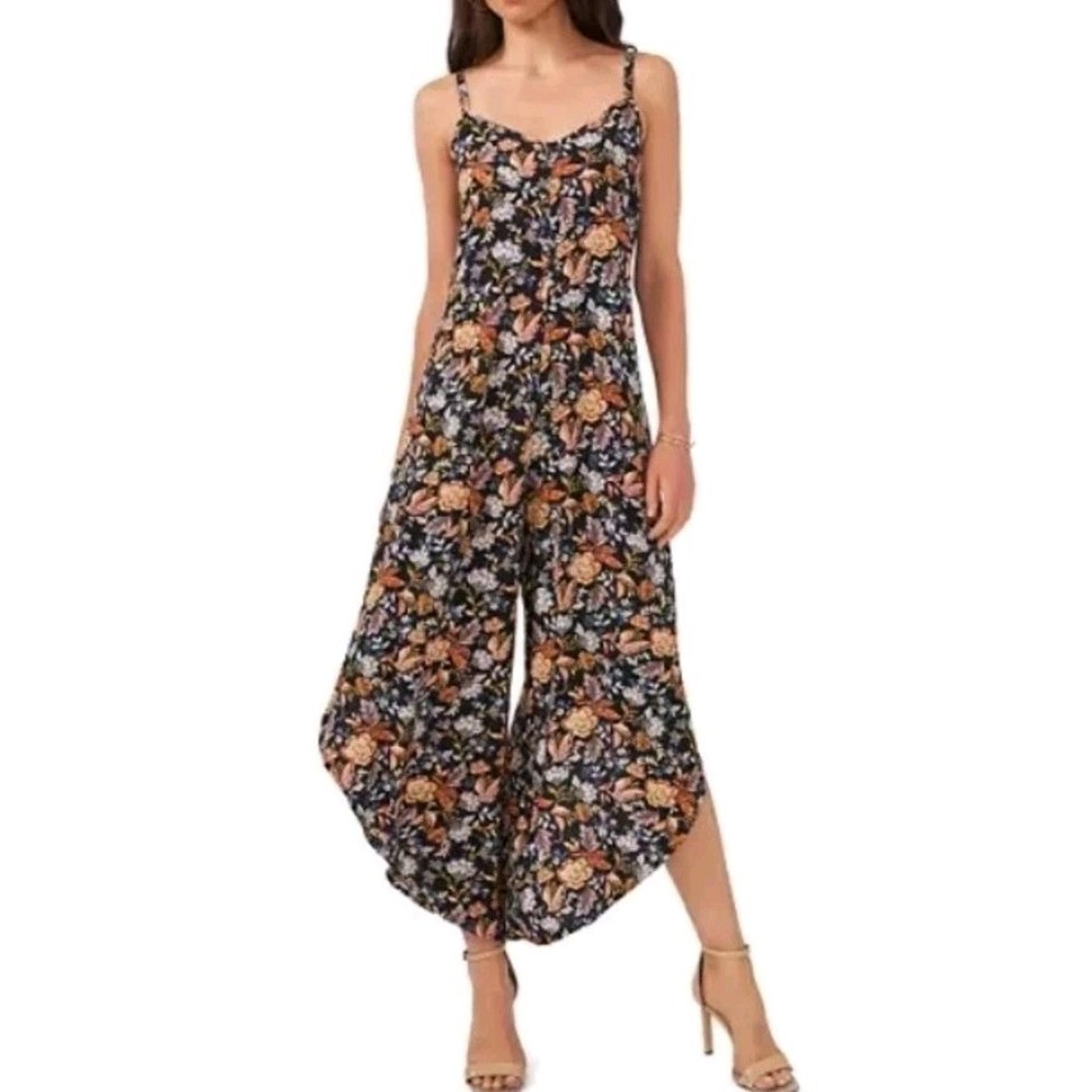 NWT MSK Floral 1-Piece Jumpsuit Black Wide Leg Crop Midi Pant Size MP