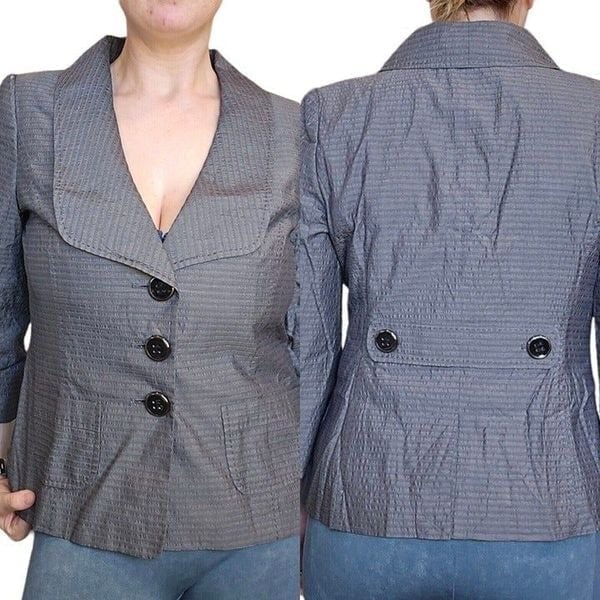 Classiques Entier Medium Gray Textured Stripe Blazer Big Buttons 3/4 Sleeve