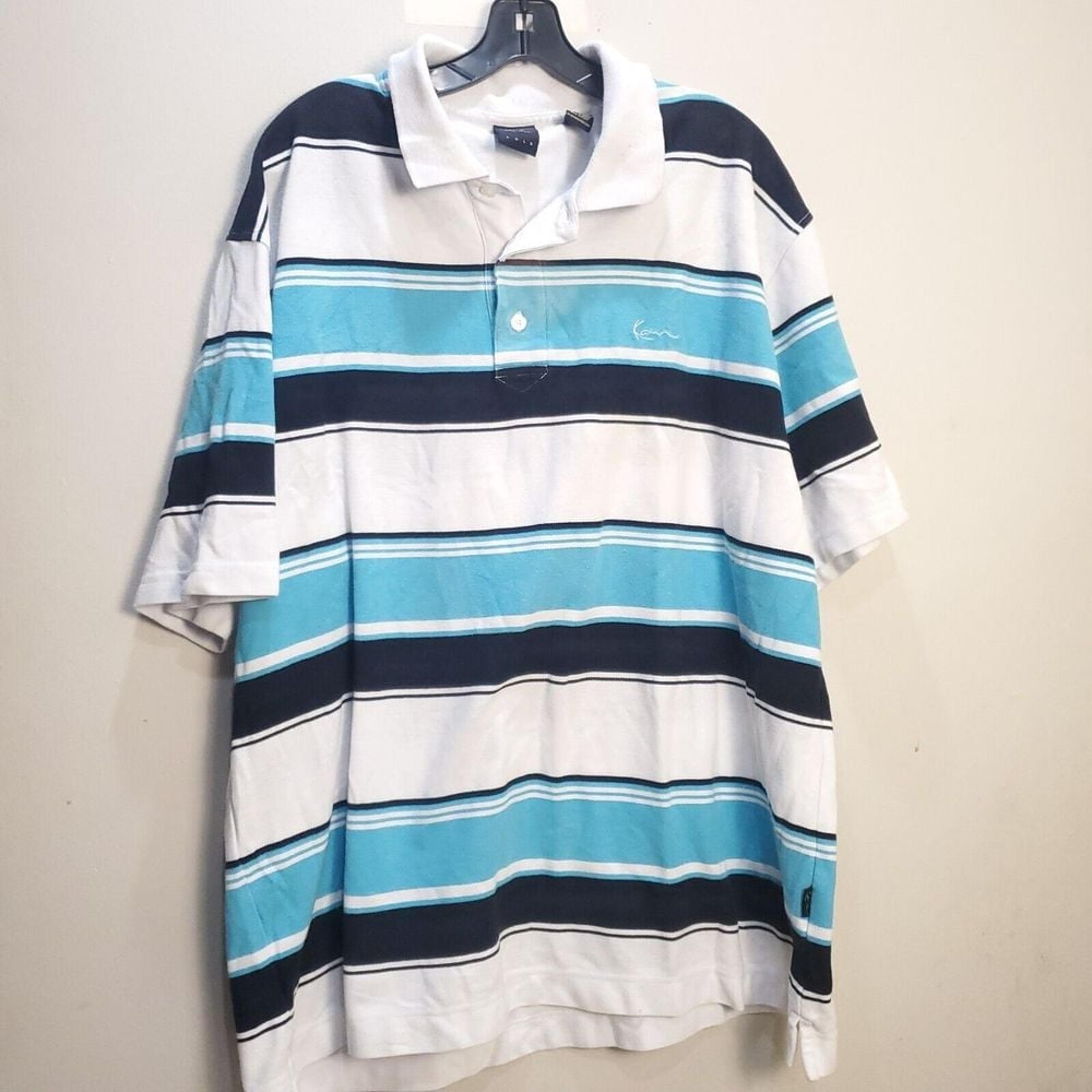 KARL KANI Gold Mens Polo Shirt 2XL Adult Blue White Striped Short Sleeve Cotton