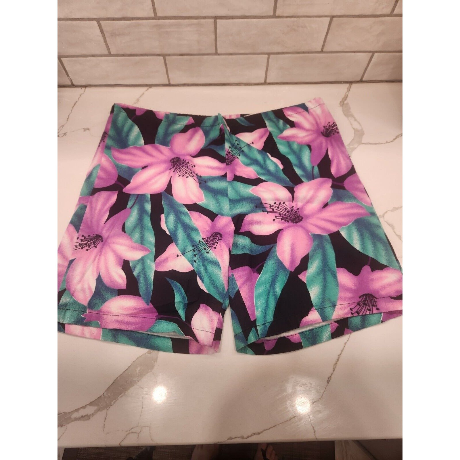 Vintage 80s Jams Surf Line Hawaii Shorts Purple Green Black Floral Size Medium