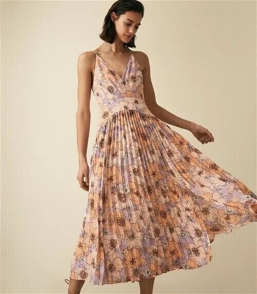 400 NWOT Reiss Corinne Pleated Floral Midi Dress Size 2