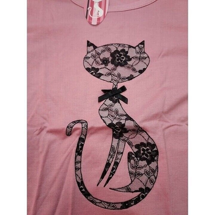 Vintage French Kitty by Mighty Fine Womens Top, Pink, Black Lace Cat, Large