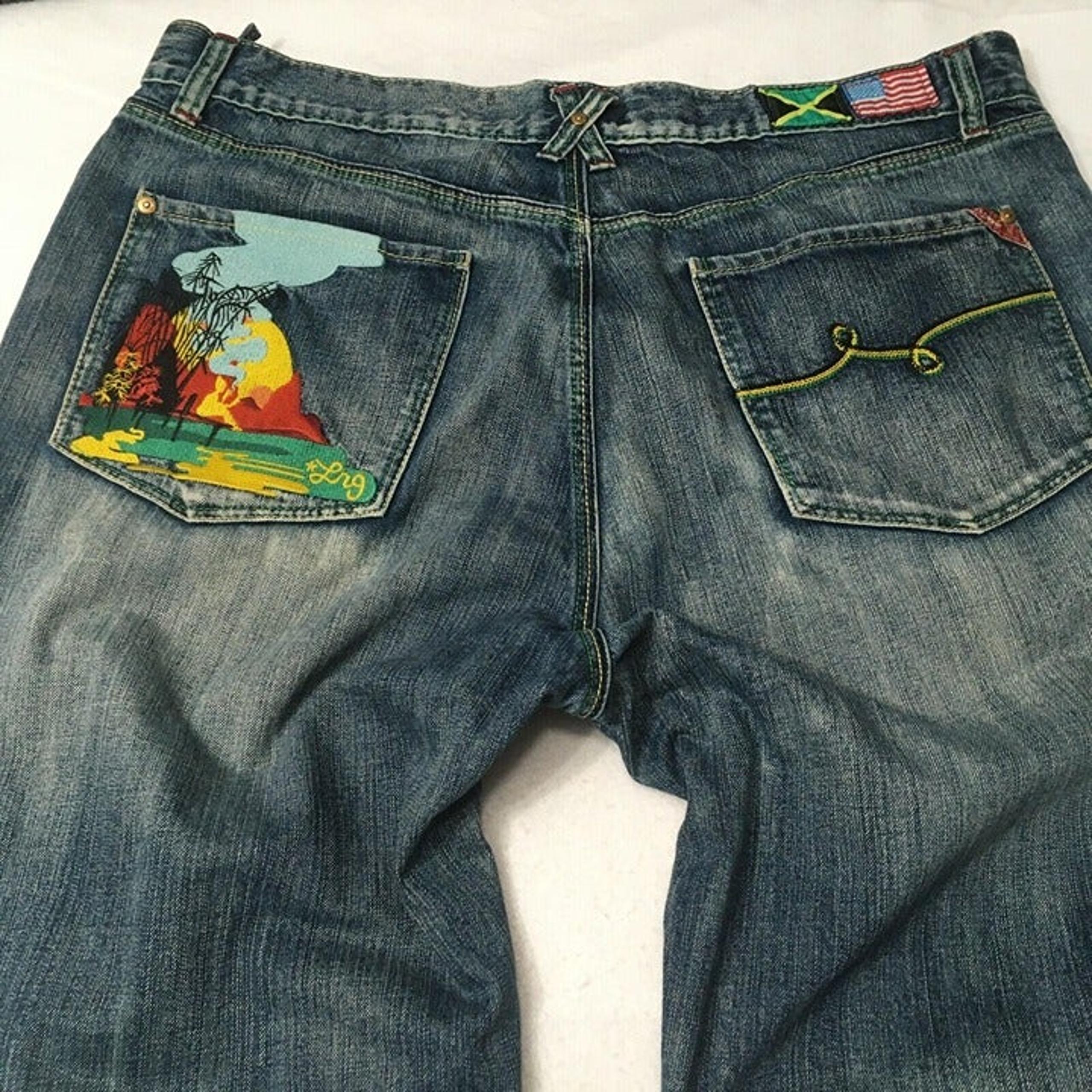 Vintage LRG Lifted Research Group Embroidered Jamaican Theme Jeans 40x34 RARE