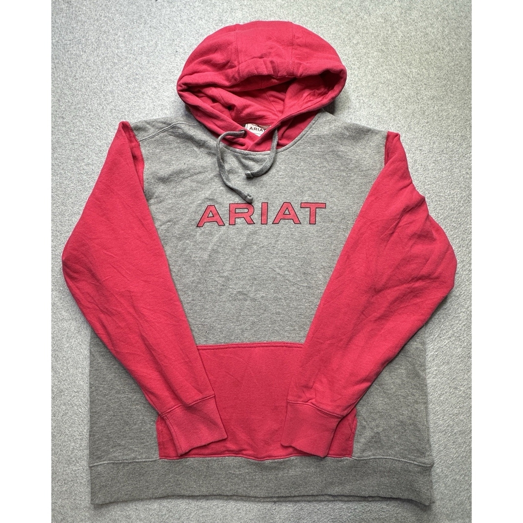 Ariat Sweater Womens Extra Large Gray Pink Logo Spelled Out Pullover Hoodie Lady