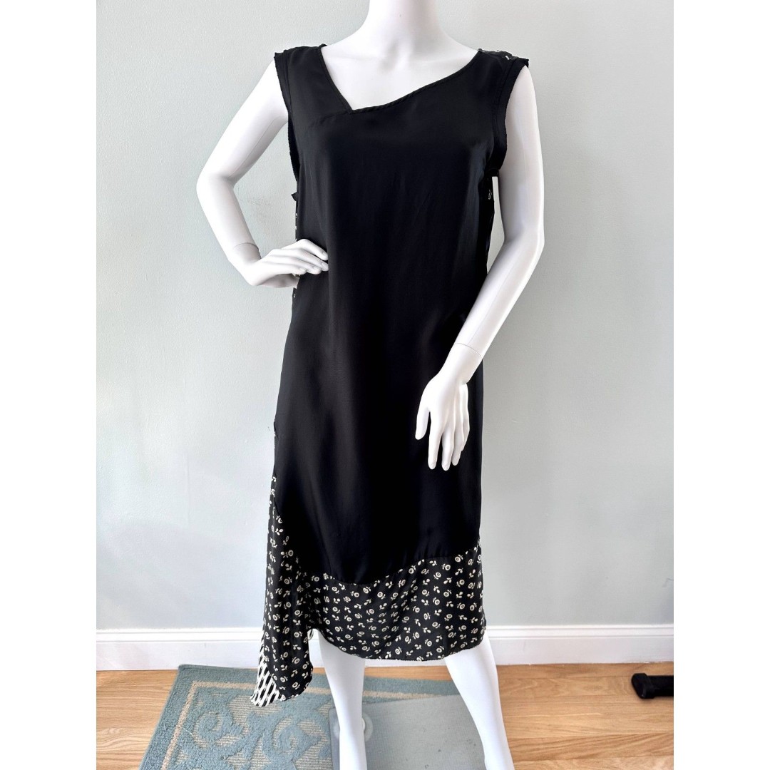 Pure DKNY Asymmetrical Black Silk Dress NWT Sleeveless Mixed Print size Large