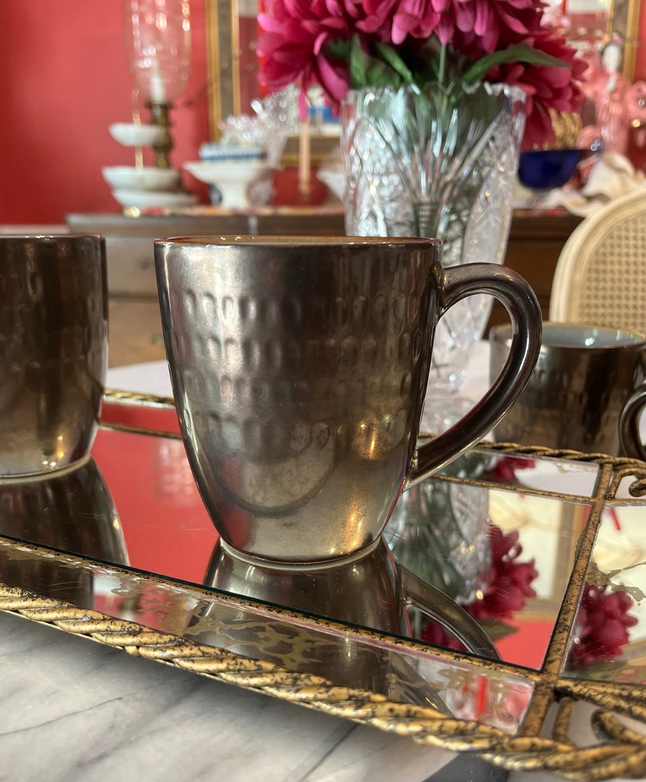 Set of 4 “Angelica” Stoneware Food Network Coffee Mugs, Bronze & Blue Glaze