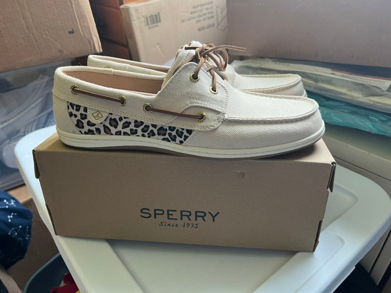 Womens cheetah sperrys size 12 NEW