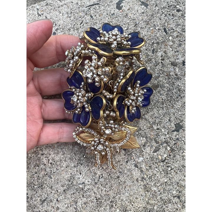 Vintage Stanley Hagler Nyc Blue Flower Beaded Brooch Pin