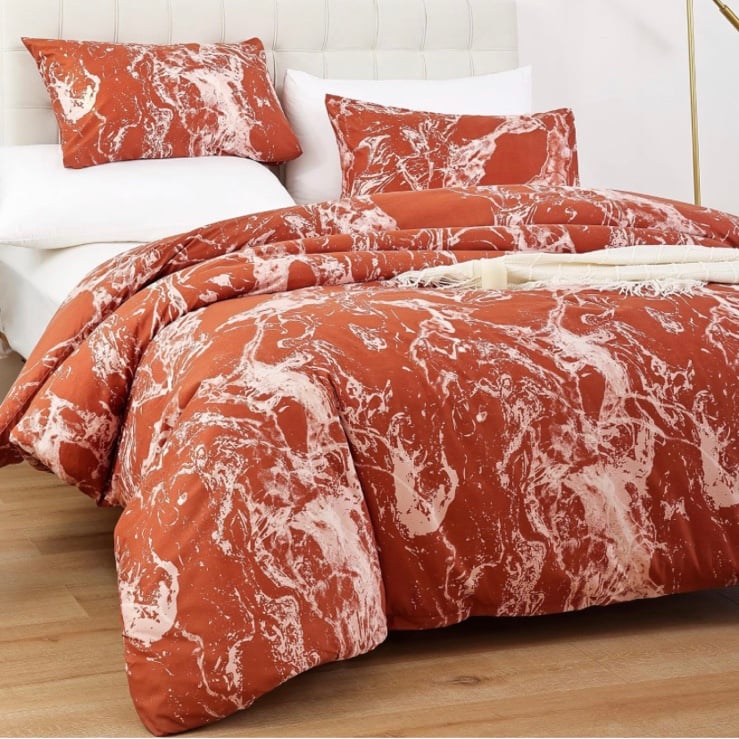 Orange marble gold comforter set queen size 3 piece
