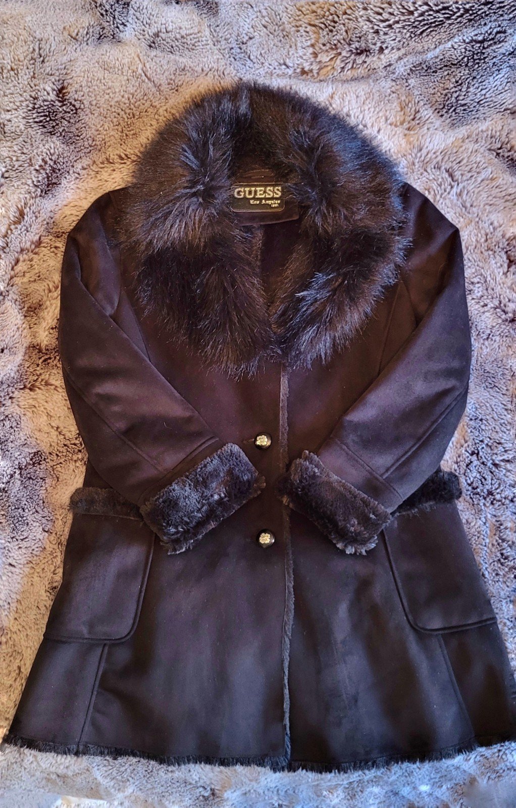 Guess Faux Fur Black Coat Large