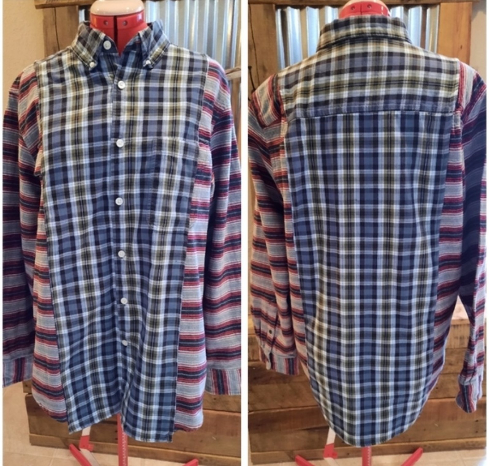 Spliced Plaid shirt upcycled mens L women XL Don't Throw It Out