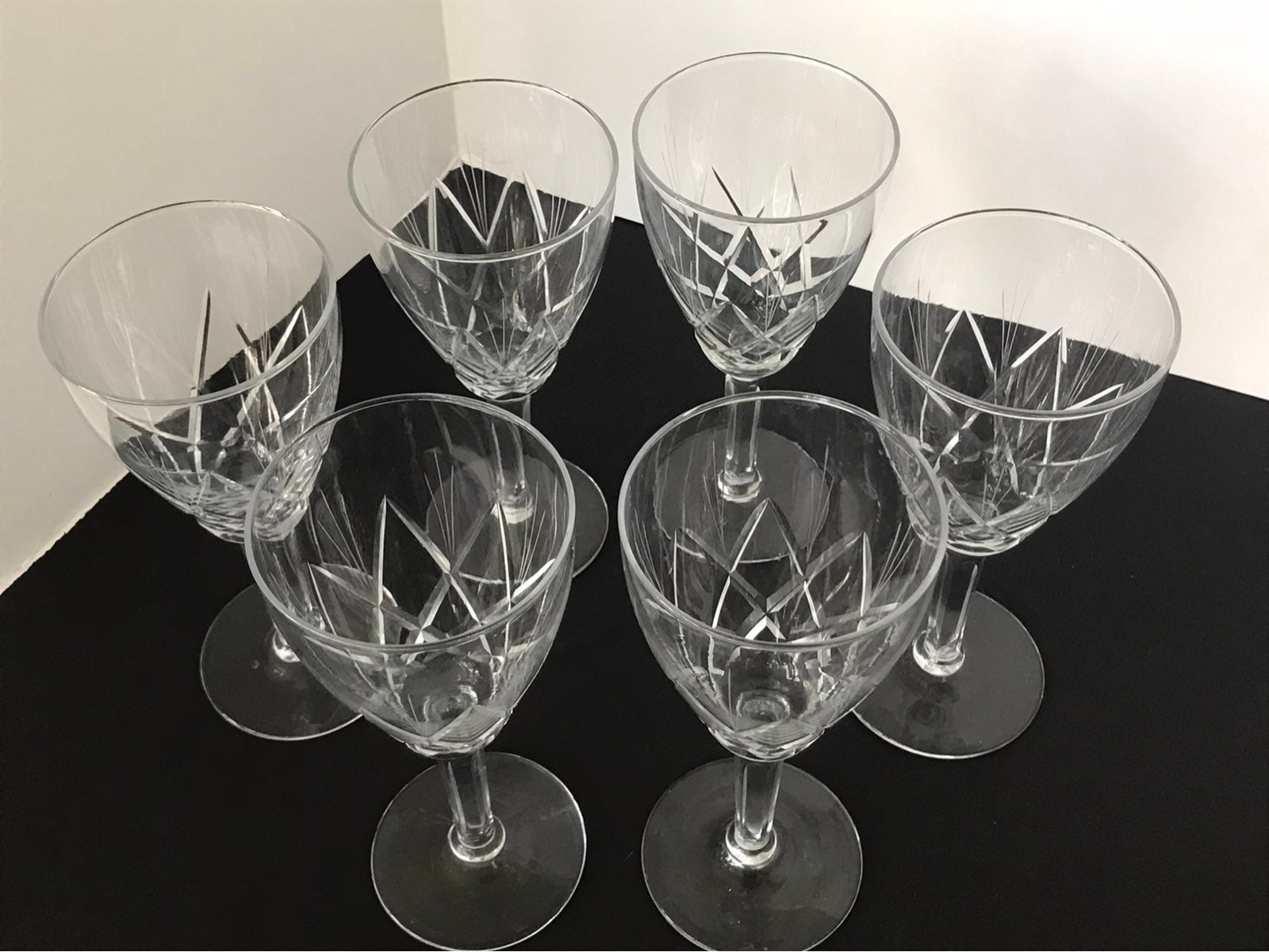 Set of Six Vintage Hand-Cut Glass Stemware 6.25 Wine Goblets Glasses