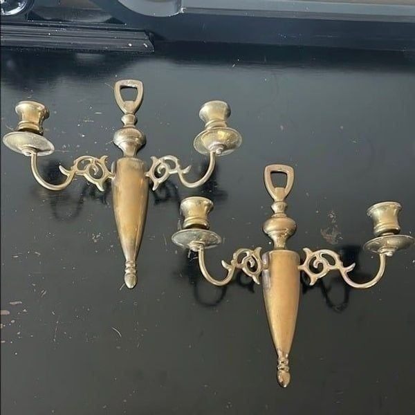 2x Brass Candlestick Sconces Vintage 2 Arm Pair