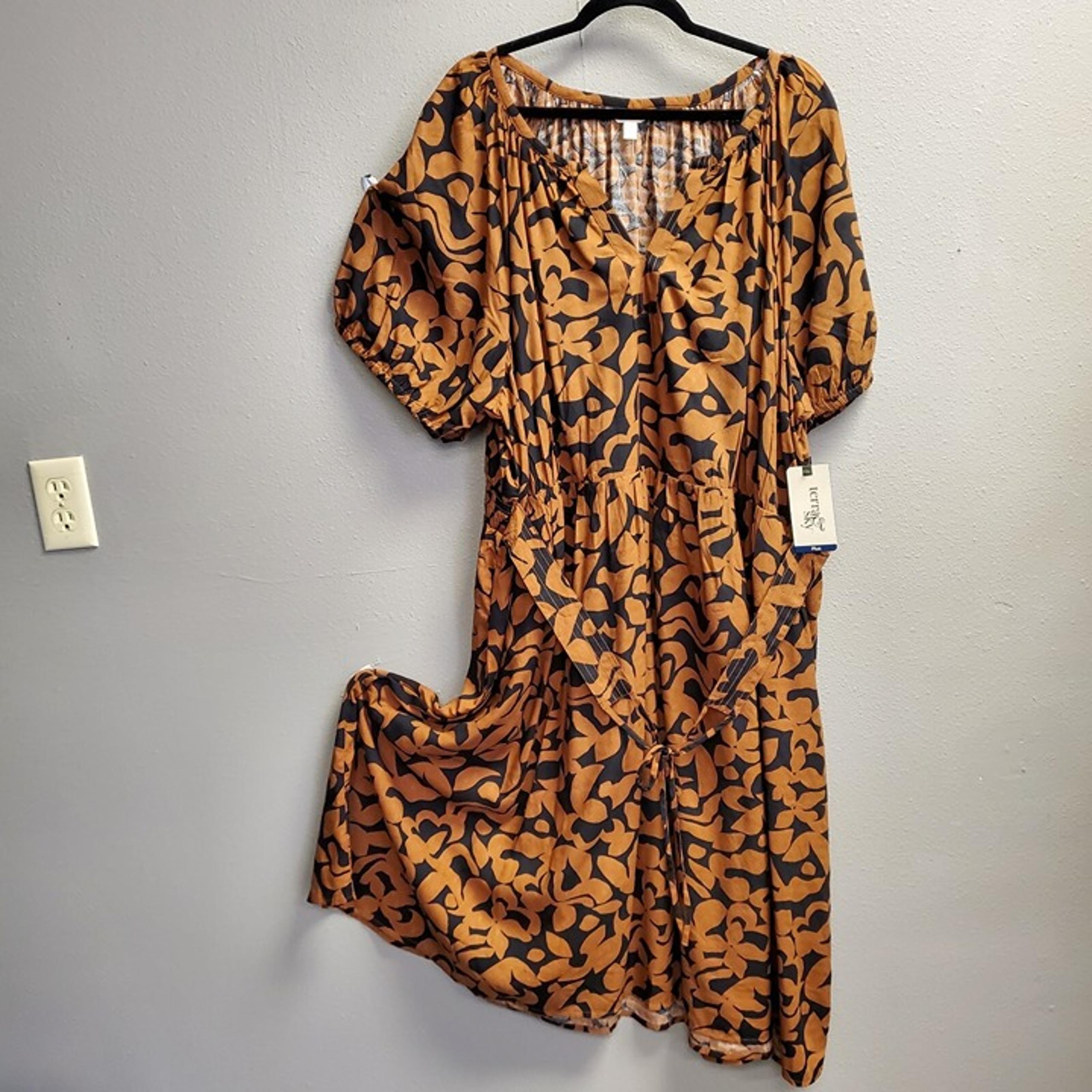 Terra Sky Midi Dress Women Plus Size 4X Brown Black Geometric Belted Flowy Boho