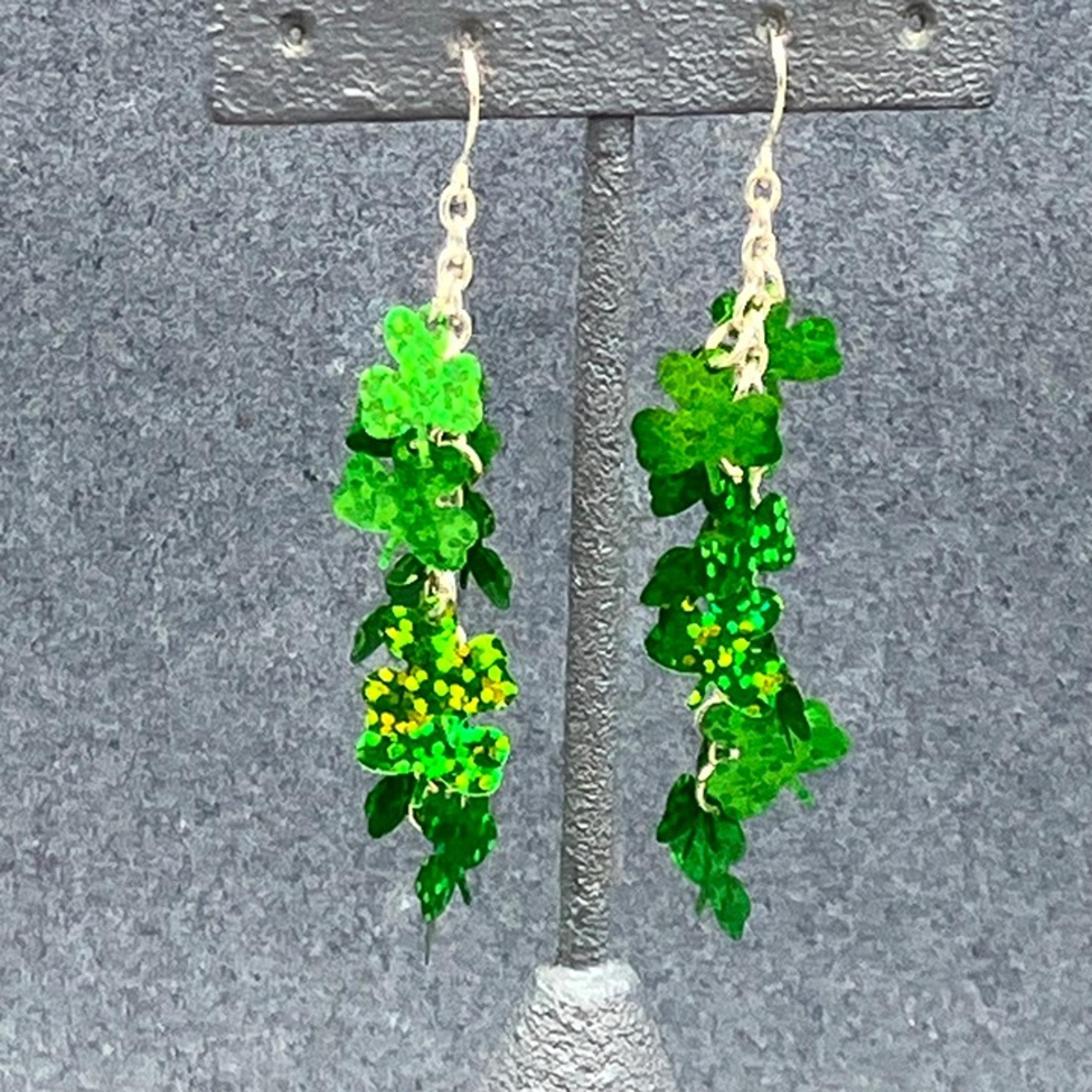 St Patricks Day Irish Earrings 2.5 In Dangle Green Silver Lucky Shamrock Clover