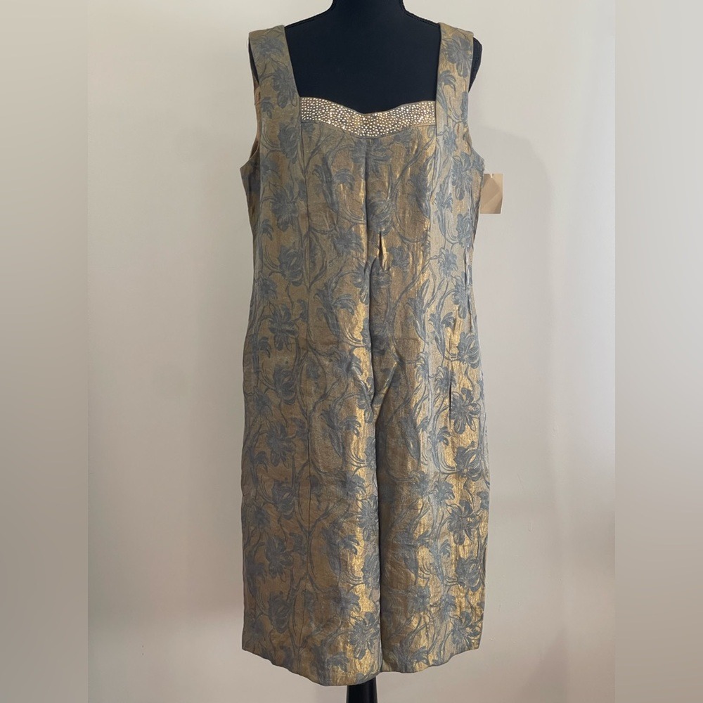 New Coldwater Creek 16 Jacquard Sheath Gold&Blue Floral Shimmer/Studded 237