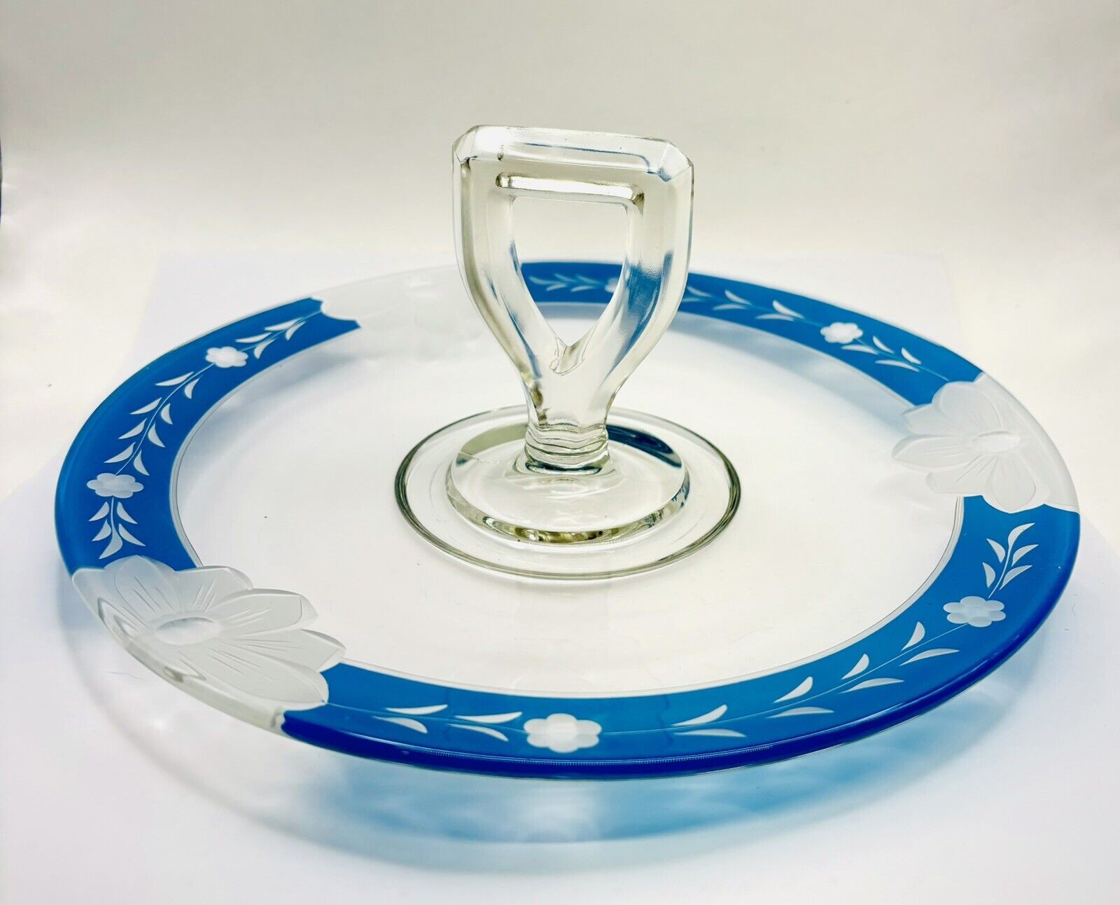 Vintage Blue Glass Serving Buffet Platter With Handle