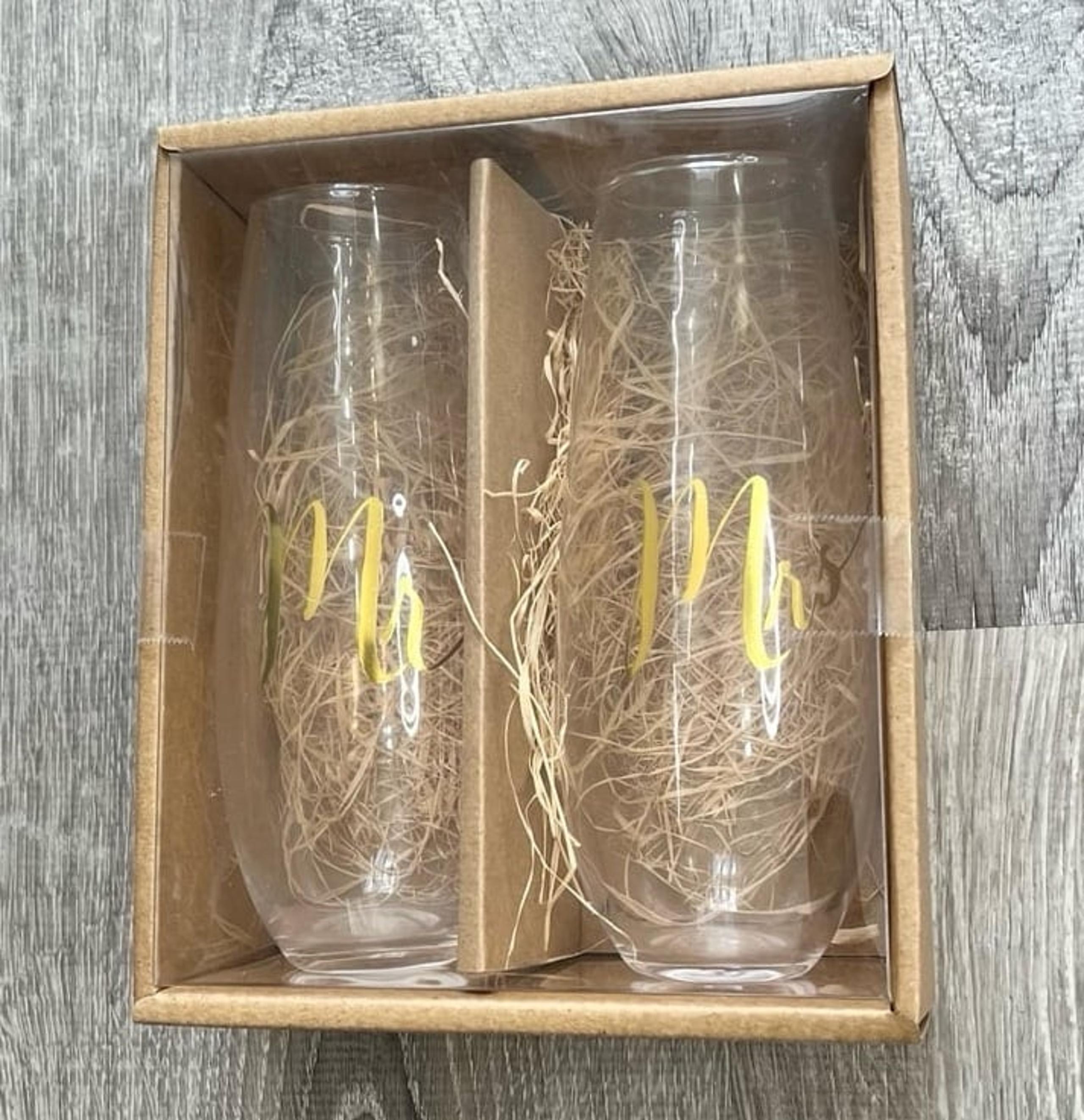 Mr and Mrs Gold Decal Bride Groom Wedding Stemless Champagne Flute Glasses NWT