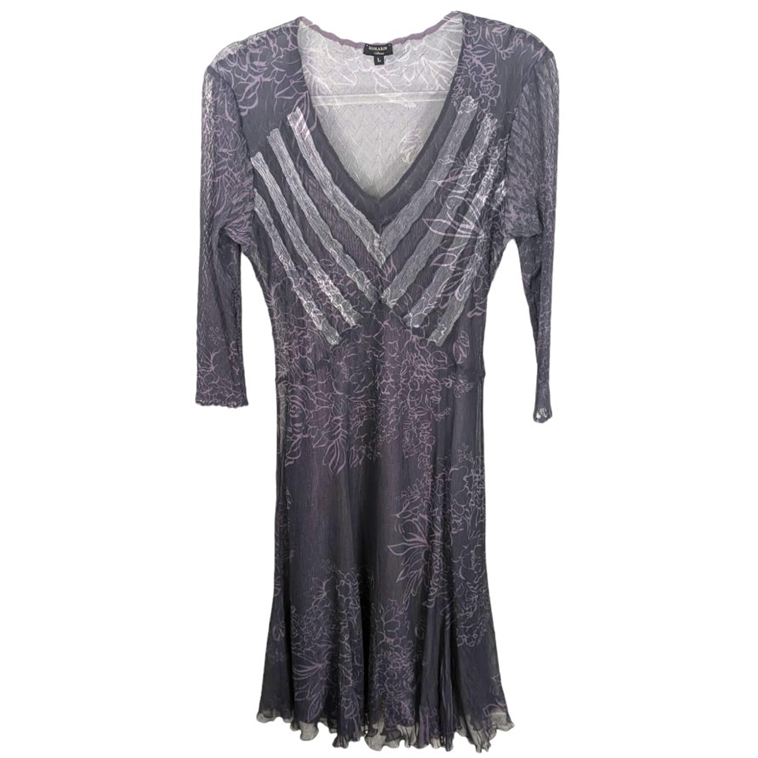Komarov Gray Purple Midi Dress Sheer Floral Printed Crinkle Slip Size Large