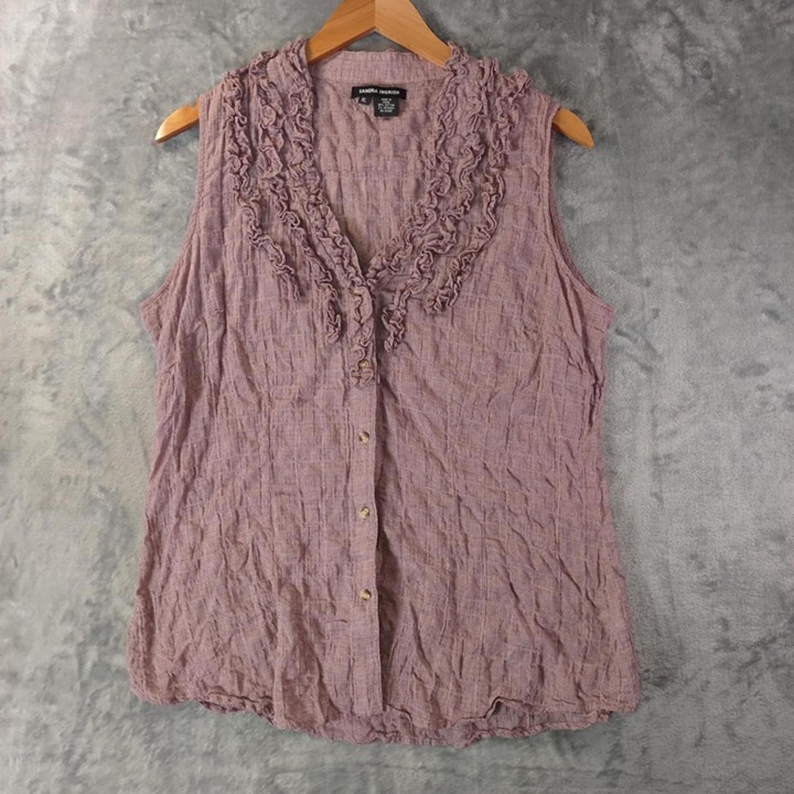 Sandra Ingrish Women's XL Pink Dusty Rose Ruffle Neck Textured Sleeveless Blouse
