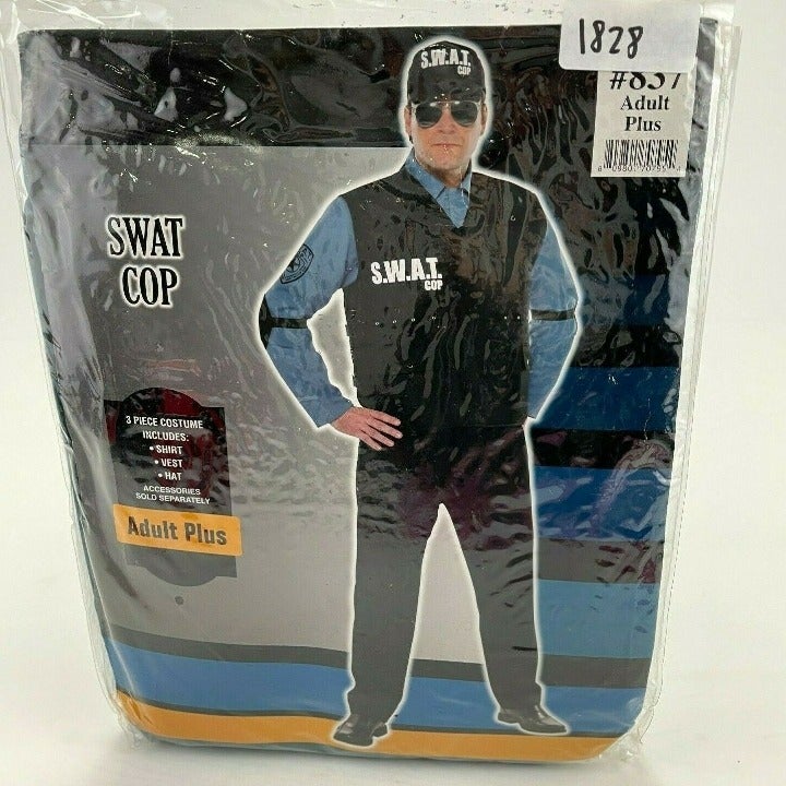 Adult SWAT Cop Police Officer Costume with Shirt, Vest & Hat - Adult Plus Size