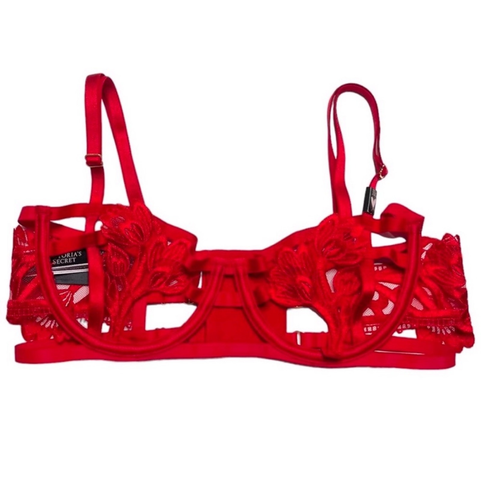 Victoria’s Secret Strappy Floral Embroidered Caged Open Cup Balconette Bra 38DD
