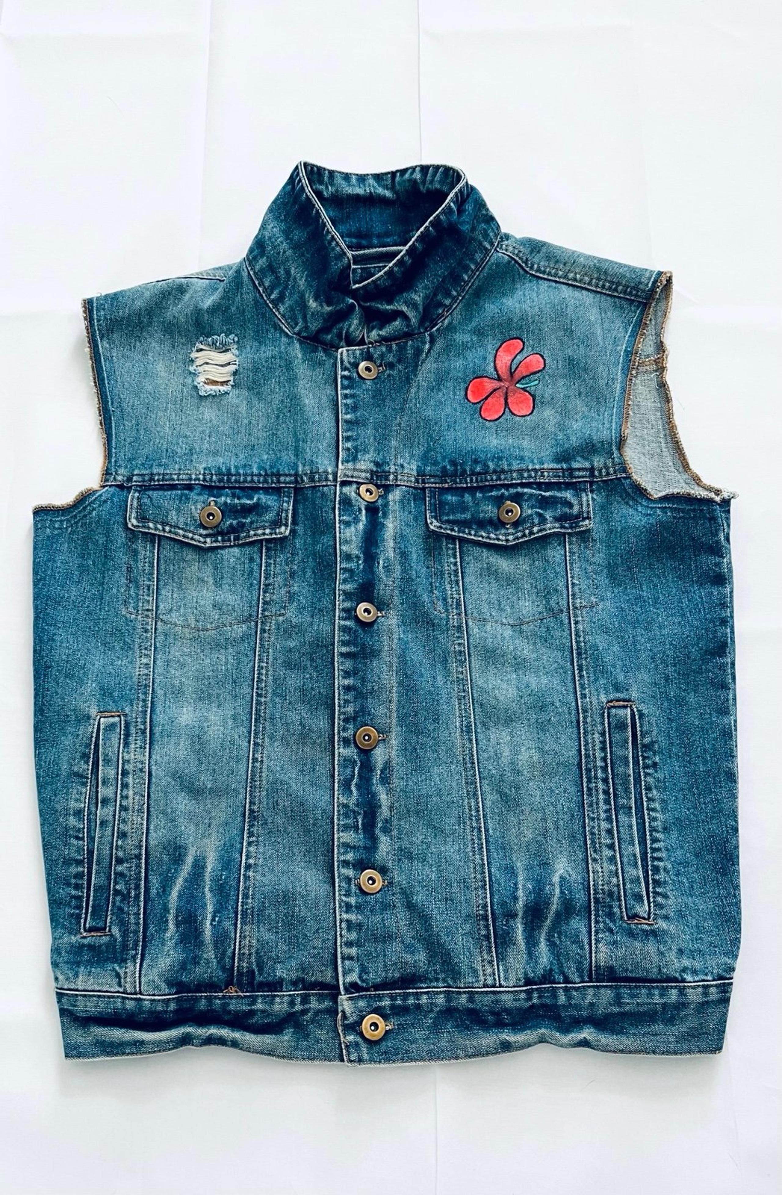 Womens Buckle Black Denim Vest Flowers Size Medium